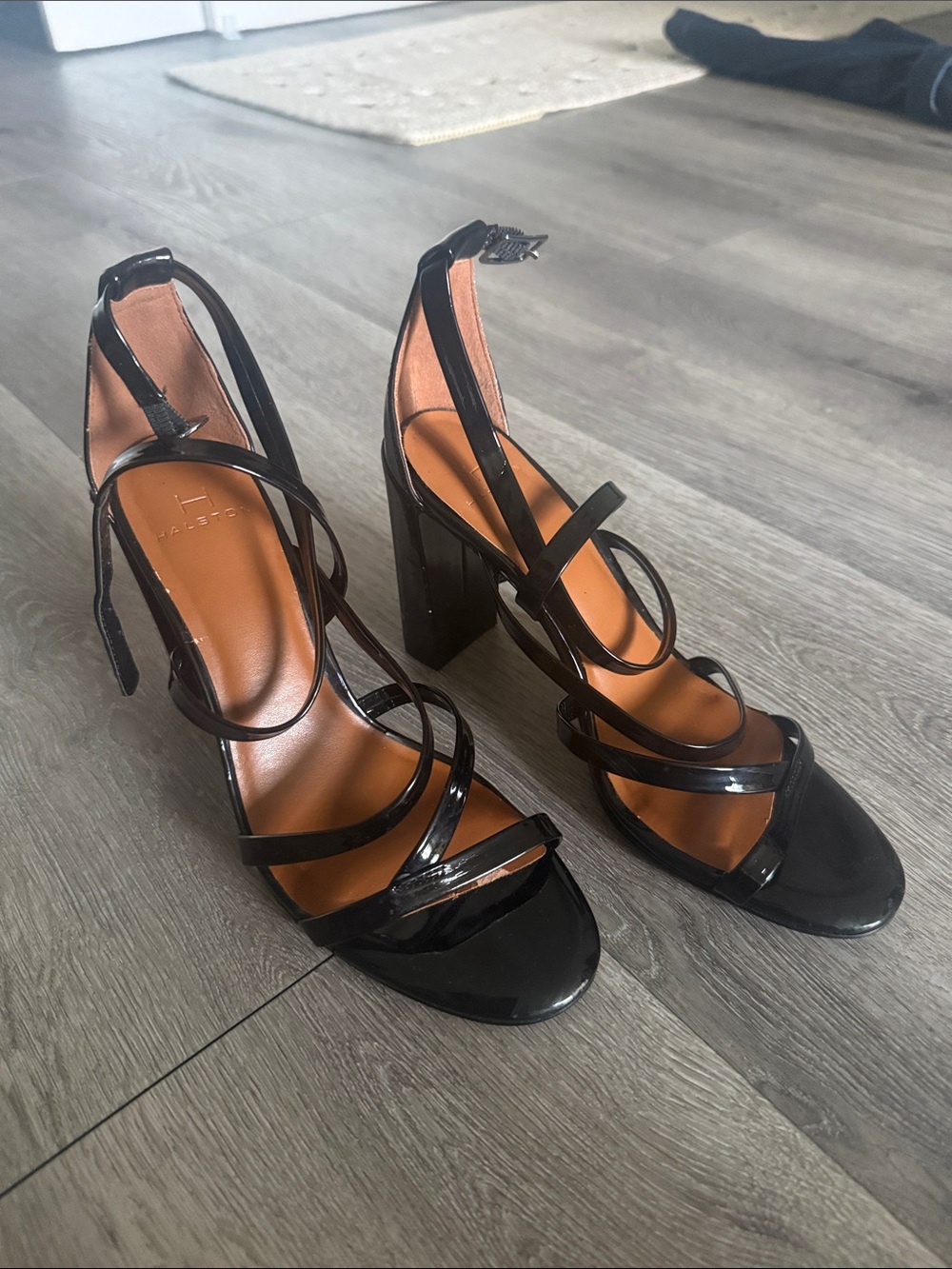 H by Halston Black Patent Strappy Block Heel Sandals